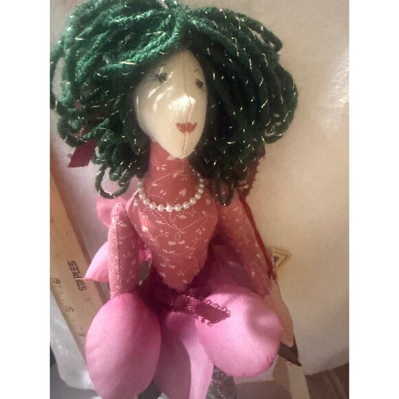 Handmade Whimsi-Gals Doll With Floral Outfit & Green Yarn Hair By Elies - Picture 5 of 10